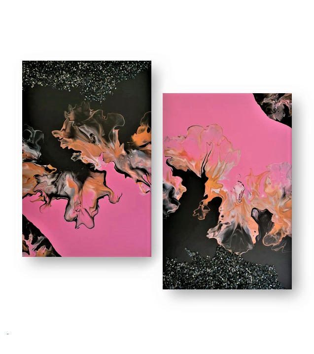 20022 Pink & Black Vibration with crushed glass / Diptych - JoWellArt